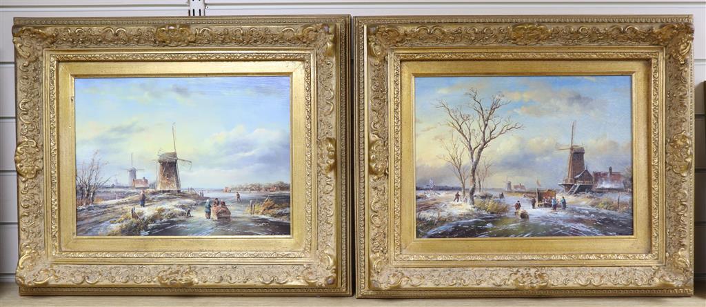 V* Beaumont (20th century Dutch School), Winter canal scene with figures skating and a windmill and companion piece,
